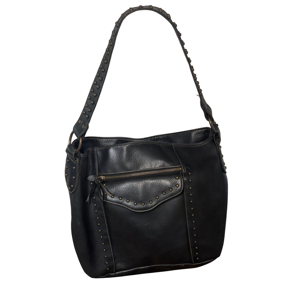 Y2K Black Studded Faux Leather Hobo Shoulder Bag Brass Hardware Western Boho
